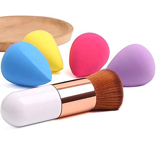 FABify Soft Bristle Oval Foundation Brush with 4 Makeup Blender Sponges – Compact Portable Set for Cream & Liquid Makeup Application – Ideal for Professional & Home Use (Color May Vary) 1