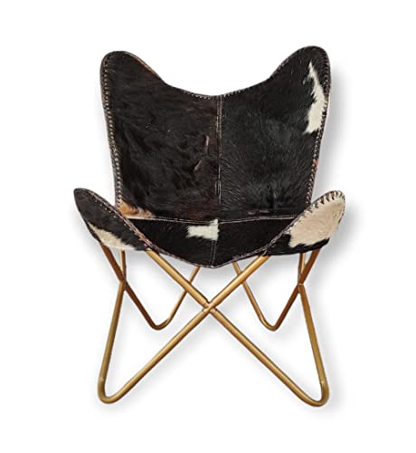 GifteQ Silla plegable de cuero con forma de mariposa para adultos, silla de descanso para relajarse con marco de hierro plegable, silla vintage bohemia Alite para decoración del hogar (pelo negro,