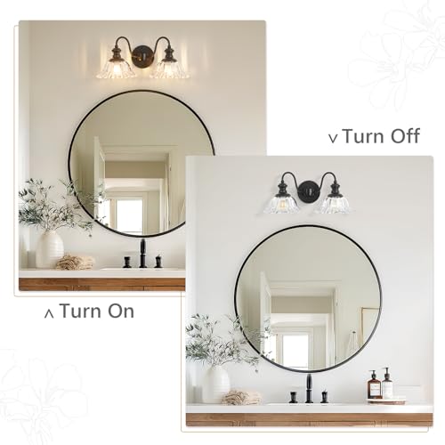 Image of 2 Lights Black Vintage Bathroom Vanity Light Fixture Over Mirror | Floral Transparent Glass Shades,Antique Wall Sconces,Wall Mount Up or Down, E26 Socket, Hardwired