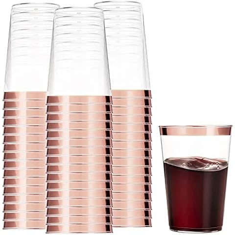 Munfix 100 Rose Gold Plastic Cups 12 Oz Clear Plastic Cups Tumblers Rose Gold Rimmed Cups Fancy Disposable Wedding Cups Elegant Party Cups with Rose Gold Rim Cover