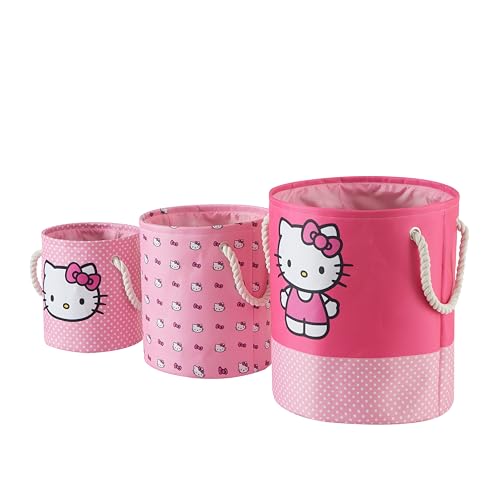 Image of Sanrio Hello Kitty 3 Piece Fabric Storage Basket Set, Pink Nestable Toy Storage Bins with Rope Handles - Kids Bedroom & Nursery Organizer