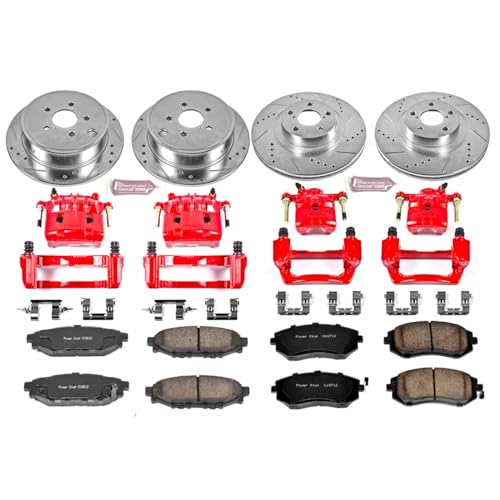 Image of PowerStop Rear Brake & Caliper Kit for Subaru Forester 1998-03 | Subaru Impreza 1998-03 - Carbon-Fiber Ceramic Brake Pads + Drilled & Slotted Rotors + Red Powder Coated Calipers, KC449