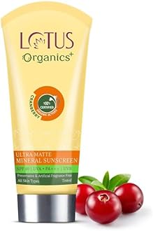 Lotus Organics+ Ultra Matte Mineral Sunscreen Cream Water Resistant & Sweat Resistant, SPF 40 PA+++, 50g