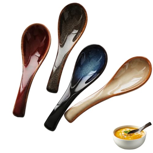 4pc Japanese Style Blue Ceramic Ramen Spoon Set - Retro Porcelain Asian Tableware for Rice, Wonton, Pho, Miso Noodles and Soup