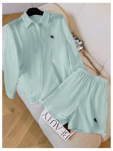 Image of SweatyRocks Women's 2 Piece Outfits Button Down Shirts Lounge Linen Sets and Mini Shorts Pajama Gauze Set Beachwear