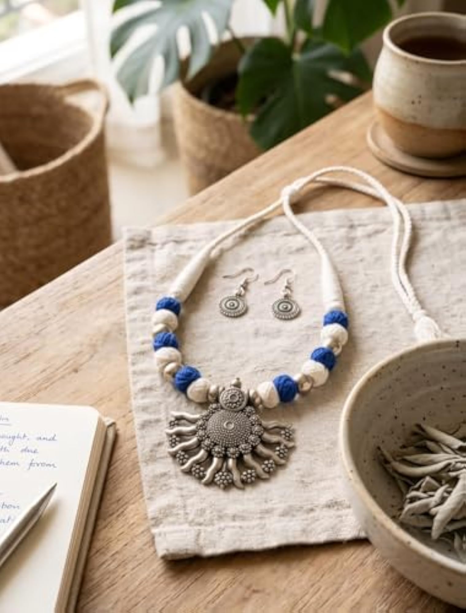 Blue & White Beaded Silver Oxidised Sun Pendant Necklace Set