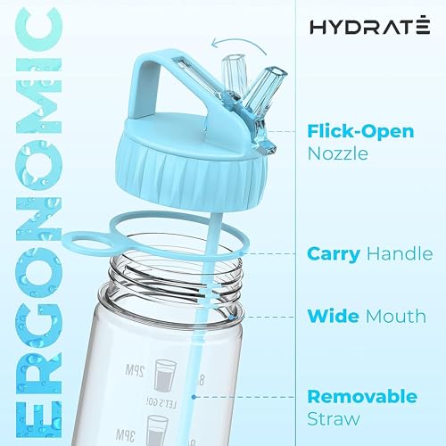 HYDRATE 900ml Trinkflasche mit Zeitmarkierungen - Sport Wasserflasche mit Strohhalm, BPA-freie Trinkflasche Strohhalm aus Tritan ideal für Gym, Büro, Wandern, Fitness, Sportflasche (Himmelblau) – Bild 3