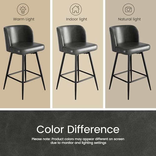 Image of Swivel Bar Stools Set of 5, 26 inch Counter Height Bar Stools with High Back and Metal Legs, Faux Leather Bar Chairs, Modern Barstools for Kitchen Island, Dark Grey