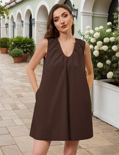 OLAPTA Women Summer Sleeveless Babydoll Scoop Neck Ruched Mini Tank Dress with Pockets2
