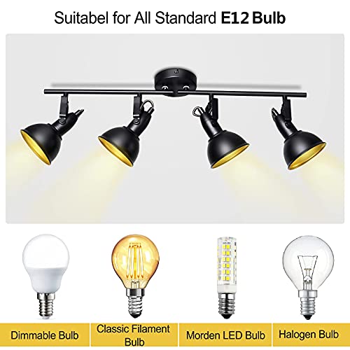 Image of HiBay Track Lighting Fixtures Ceiling, Adjustable 4-Light Track Light Kit, Industrial Spotlight Black for Kitchen Dining Room Bedroom Hallway, E12 Base (Bulbs Not Included)
