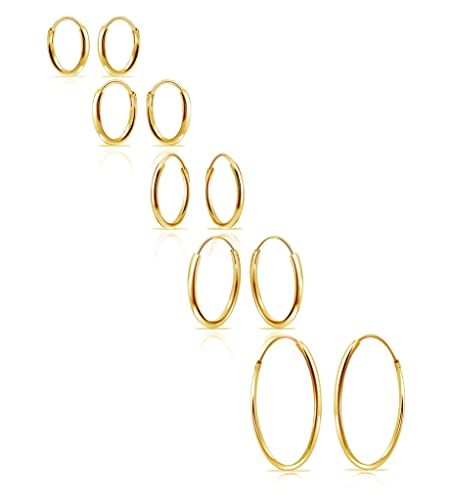 5 Pair Set Yellow Gold Flashed Sterling Silver Endless Hoop Earrings Cartilage Lips Nose 10 12 14 16 24mm