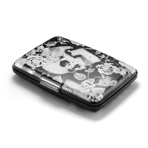 Image of OGON -DESIGNS- Aluminum card holder, RFID protection against fraud and demagnetization, compact wallet, Smart Case STOCKHOLM model (Engraving Skulls Roses, Extra-secure lock)