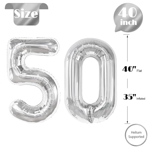Image of Silver Number 50 Balloon 40 inch, 50 Number Balloons, 50th Silver Birthday Decorations, 50 Year Old Women Men Silver Party Supplies
