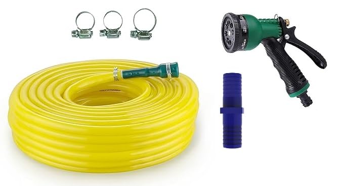 Utkarsh PVC Petrol Garden Water Hose Pipe 25 Meter with 8 Pattern Nozzle Sprayer, 1 Tap Adapter, Connector, 3 Clamps for Garden, Car Wash, Floor Clean, Pet Bath, Indoor/Outdoor Use 1/2IN (Multicolour) Utkarsh PVC Petrol Garden Water Hose Pipe 25 Meter with 8 Pattern Nozzle Sprayer, 1 Tap Adapter, Connector, 3 Clamps for Garden, Car Wash, Floor Clean, Pet Bath, Indoor/Outdoor Use 1/2IN (Multicolour)