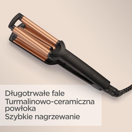 BaByliss Deep Waves Hair Waver – ceramiczna powłoka, 3 ustawienia temperatury (160°C-200°C), bez elektryzowania się Mermaid & Beach Waves, szybkie nagrzewanie – czarno-złota, W2447E