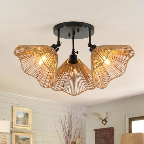 QAREHL Plafonnier de Cuisine, Luminaire de Plafond en Rotin (3 lumières), Lustre et Plafonnier pour Salon, Plafonnier Style Bohème pour Chambre, Salle à Manger, Entrée et Couloir — Culot E27