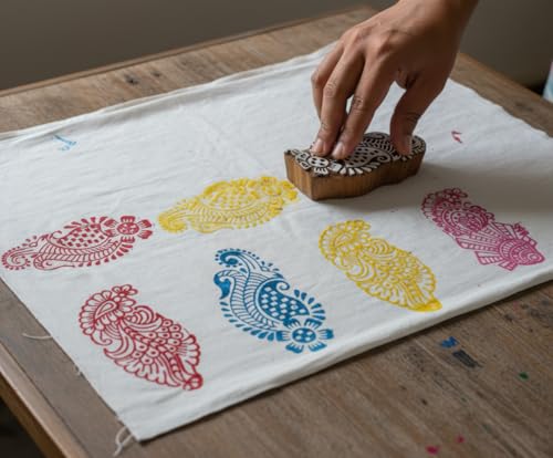 Image of RENIQ Wooden Printing Block for Fabric & DIY Craft | Handcrafted Indian Design Stamp for Textile, Pottery, Mehndi & Home Decor (Multicolor6)