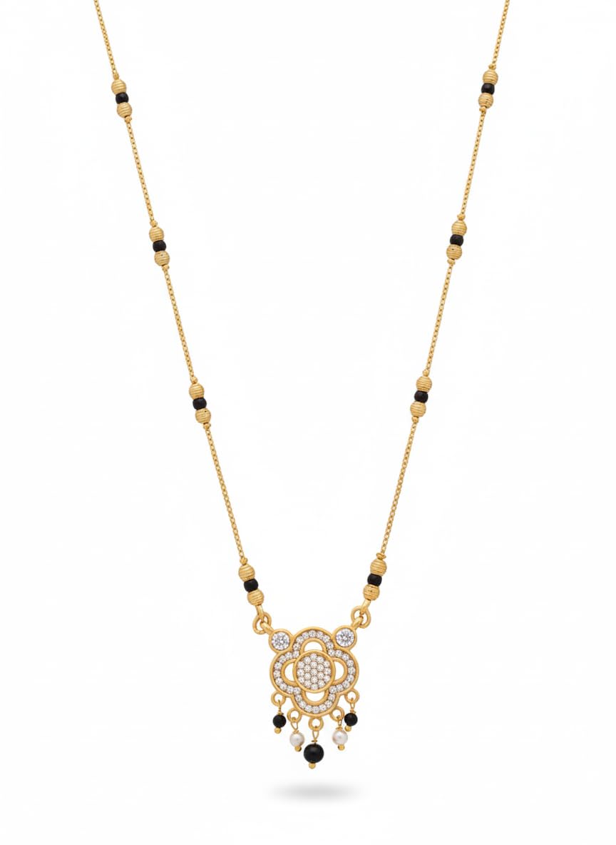 sukun enterprise Gold Mangalsutra Necklace with Black Beads, Floral Pendant with Crystal Stones, Traditional Indian Jewelry-picture-28