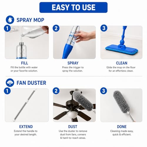 Image of Combo of Fan Cleaning Brush and Spray Mop | Long Rod Ceiling Fan Duster & Floor Cleaner Mop | Multipurpose Home Cleaning Tool Set