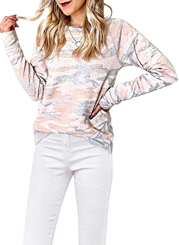 HOTAPEI Women's Fashion Long Sleeve Round Neck Camo Print Pullover Tops Lightweight Sweatshirt Khaki