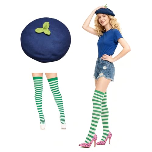 Zalbuqu Berry Beret green Leaves Costume Hat Accessories with White Striped Thigh High Socks