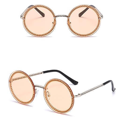 HMRGLMIE-Gold Frame Sun Glasses Female Shades Vintage Round Sunglasses Women with Pearl Chain Accessory Design Retro
