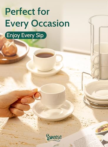 Image of Sweese 2.5 Ounce Porcelain Stackable Espresso Cups with Saucers and Metal Stand Set of 4, White