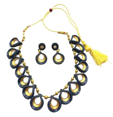 AKIBUKI Handicraft Diya Shape Indian Traditional Terracotta Necklace and Earring Jewellery Set for Women (Grey) (B0B41ZRHZP) Amazon Price History, Amazon Price Tracker