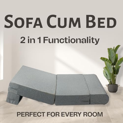 Image of Amazon Brand - Solimo 3 Seater Sofa Bed 6x4 Feet with 2 Cushions, 3 in 1 Convertible Sofa Lounger, Portable Foldable Foam Mattress with Washable Cover for Living Room Bedroom - Grey