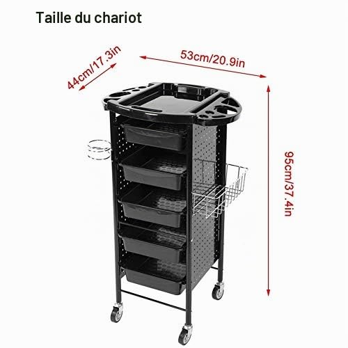 Chariot de Coiffure Professionnel 6 Étages avec 5 Tiroirs, Table Roulante pour Salon de Beauté, Coiffeur, Spa - Noir (95x53x44 cm)