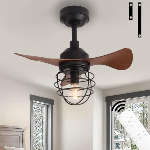 TRUYOK - Lámpara de techo con ventilador de techo silencioso ventilador E27 industrial retro ventilador de techo con mando a distancia, color negro metal hierro jaula ventilador de luminaria para