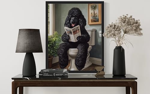 Image of Poodle Black on Toilet Black Framed Wall Art Print Poster, Dog Bathroom Humor Decor Posters Prints for Restroom Home Picture Painting Artwork Gallery 7 (Poodle Black, 10 inchL x 8 inchW, Black Frame)