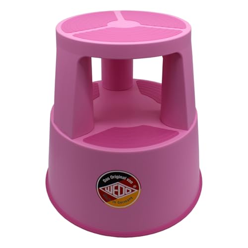 WEDO x FRNK Rollhocker Super Step – robuster Tritthocker aus Kunststoff, TÜV/GS-geprüft nach EN 14183-F, rutschfest, rollbar, Made in Germany, Höhe ca. 43 cm, Tragkraft 150 kg, Pink
