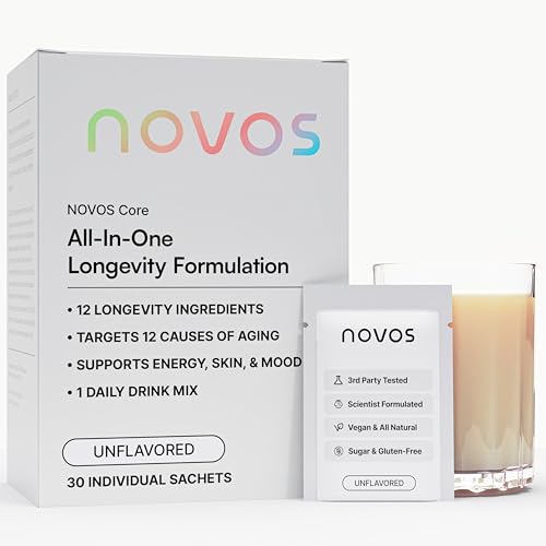 NOVOS Core Longevity Mix, Anti-Aging Supplement, Drink Powder Packet Unflavored - Skin Support, Energy, Mood Support, Sleep and Cognition Support - 30 Servings