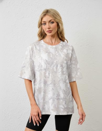 Image of MSBESYOR Camo Shirt for Women Maple Leaf Print Short Sleeve Crewneck T-Shirts Summer Oversized Tee Shirts Streetwear