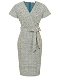 Plus Size Work Pencil Dress for Women Short Sleeve Business Office Midi Dresses Cross V Neck Blue XXL