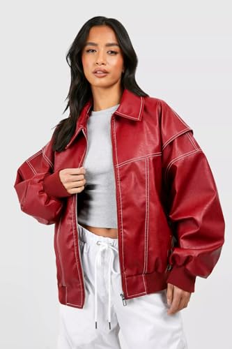 ksotutm Oversized Leather Jacket Women Vintage Zip Up Bomber Motorcycle Faux Leather Jacket Coat Outerwear2