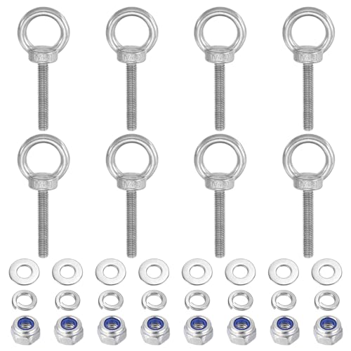 PATIKIL M6 x 40mm Lifting Shoulder Eye Bolt, 8Pcs 304 Stainless Steel Lifting Ring Threaded Eyebolt with Nuts Washers for Hanging Hammocks Articles