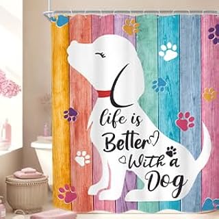 KOMLLEX Cute Dog Shower Curtain for Bathroom Decor Kids Funny Animal Colorful Wood Plank Child Country Lovely Farmhouse Pet Footprint Fabric Waterproof Polyester 12 Pack Hooks Pink 72Wx72H Inches