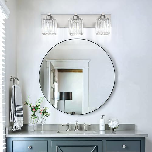 Image of Aipsun Brushed Nickel Vanity Light Bathroom Lighting Fixtures 3 Light Crystal Modern Bathroom Vanity Light (Exclude Bulb)