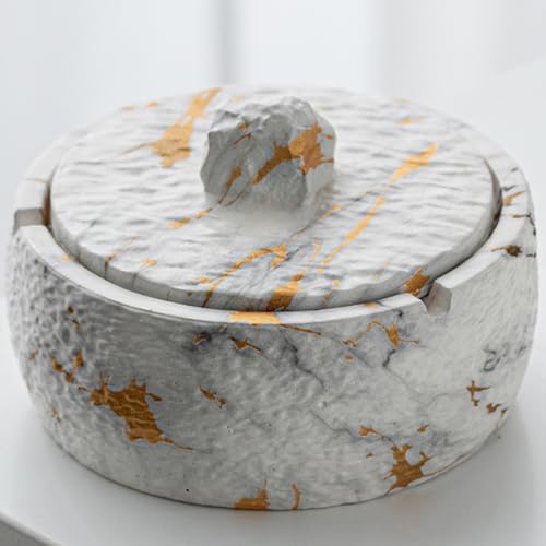 LaSheer Cenicero de cerámica con tapa, ceniceros resistentes al viento para cigarrillos para el hogar, interiores y exteriores, oficina, mesa, soporte para fumar malas hierbas, ceniceros de mármol