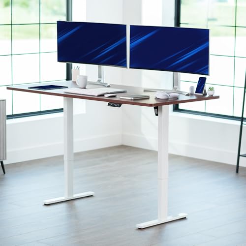 Image of VIVO Dark Walnut 71 x 36 in Standing Desk, DESK-KIT-1W7D-36 | Electric, Holds 220 lbs, Sit Stand, Height Adjustable, Extra Deep Table Top, Memory Presets, 1B Series, White Frame