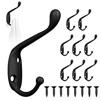 GOTRUST Double Prong Robe Hook, 8Pcs Dual Coat Hooks, Metal Door Hooks Cloth Hanger with 16Pcs Screws Coat Hooks Hanging Clothes Robe Towel, Metal Wall Hooks for Hanging Hat Tie Clothes Towel