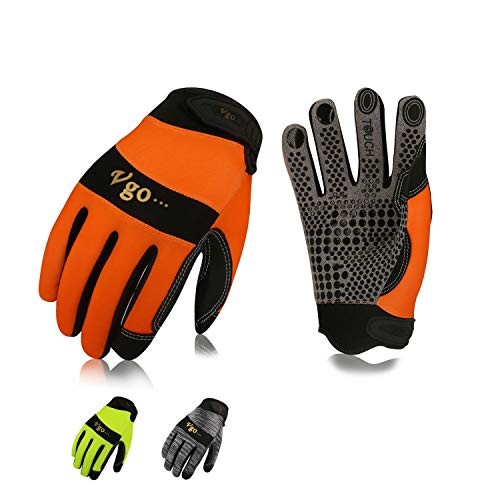 Preisvergleich Produktbild Vgo 3 Paare Arbeitshandschuhe, Synthetiklederpalmen, Kunstleder, super Griffferigkeit, typisch für Lagerarbeit (9 / L, Grau & Orange & Grün, SL7895)