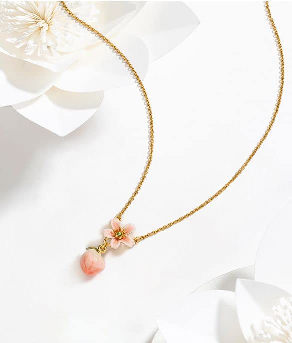 Peach Blossom Flower Enamel Pendant Necklace Handmade Jewelry Gift 18K Gold Plated Copper4