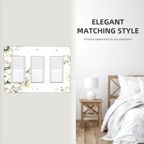 Decorative Outlet Covers Rustic Ink Green Leaves White Florals Flower 3 Gang Outlet Cover Wall Plate Triple Rocker Light Switch Cover Plate Switch Plate Covers for Bedroom Home Decor