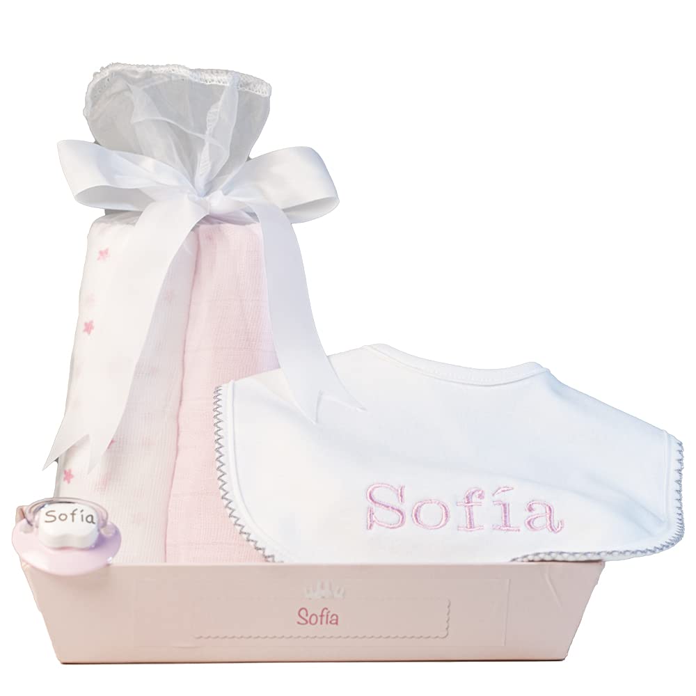 Regalos Originales para Bebés Recién Nacidos | Babero bordado con interior plastificado (Babero + 2 Muselinas | Rosa) | BebeDeParis