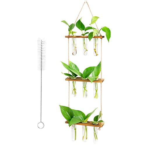 Unnosin Wall Hanging Planter 3 Tiered Plant Propagation Station Terrarium 9 Bulb Vase with Wood Stand, Glass Planter Test Tube Vase for Propagating Hydroponic Home Office Garden