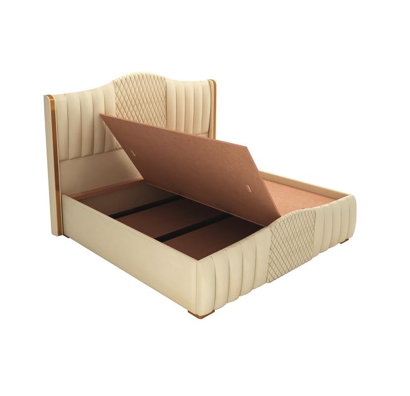Image of STRATA FURNITURE Solid Wood King Size Bed with Box Storage and Upholstered Headboard | Wooden Double Bed Cot Palang for Bedroom, Home, Hotel & Guest Room Furniture (Beige)