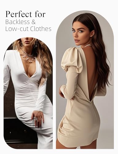 YANDW Damen Tief V Push Up BH Rückenfrei mit Rücken Transparent and Trägern Niedrigem Rücken Plunge Gepolsterter Bügel BHS 38D Nude